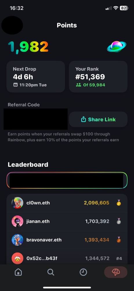 Rainbow's dashboard with earned points