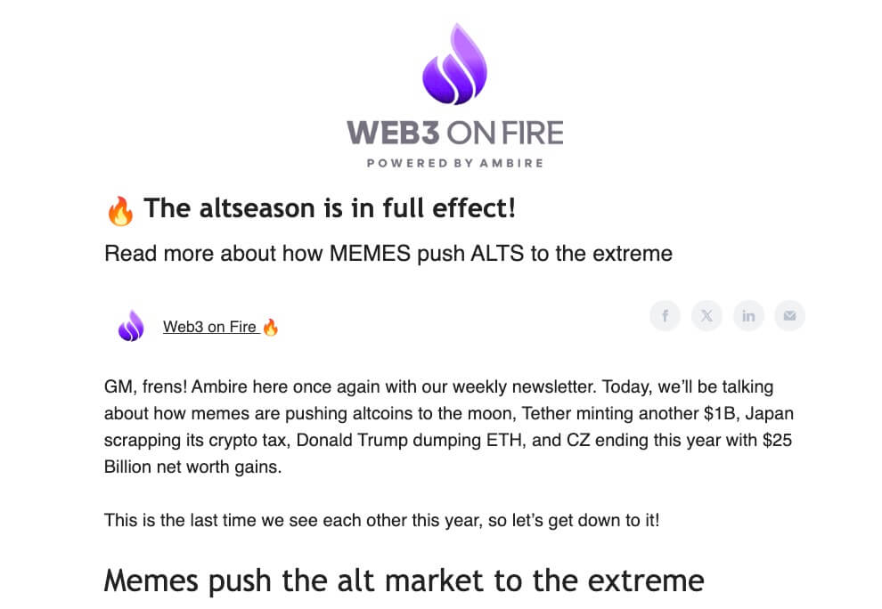 Ambire's Web3 on Fire newsletter