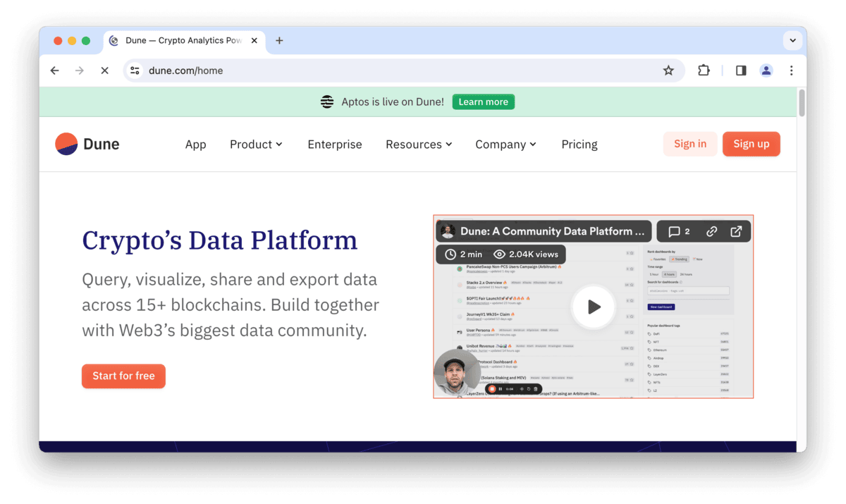 Dune crypto data platform