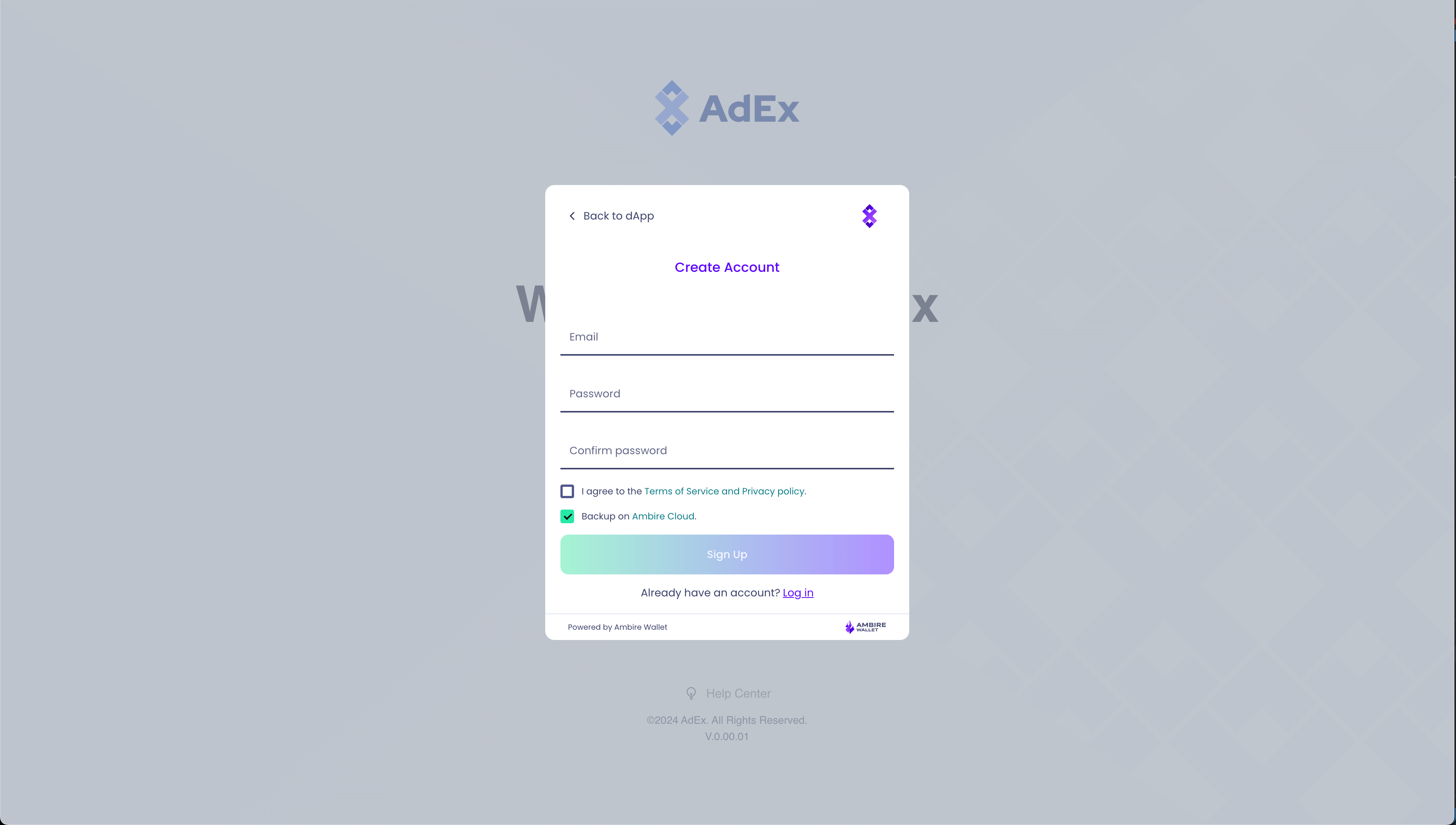 AdEx account creation via the Ambire Wallet Login SDK